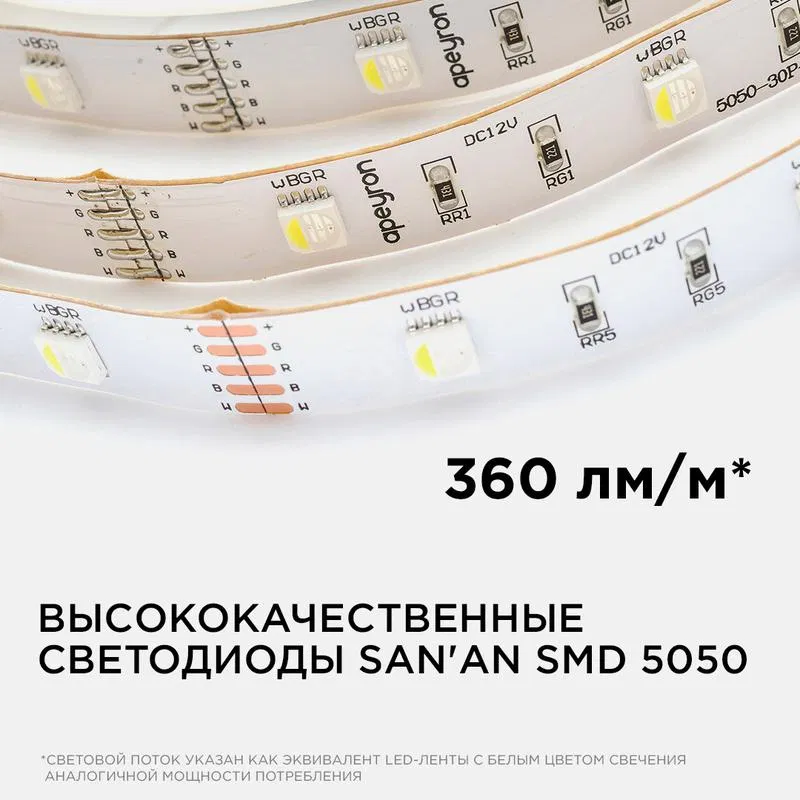 Лента светодиодная 12В СТ 7.2Вт/м smd5050 30диод/м IP20 360лм/м 12мм RGB (уп.5м) Apeyron 00-100