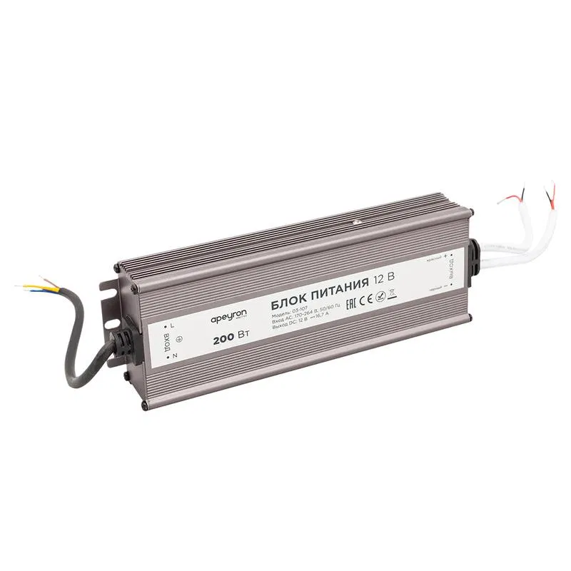 Power supply 12V ST 200W switching IP67 170-264V 16.7A alum. silver 215x68x40mm Apeyron 03-107