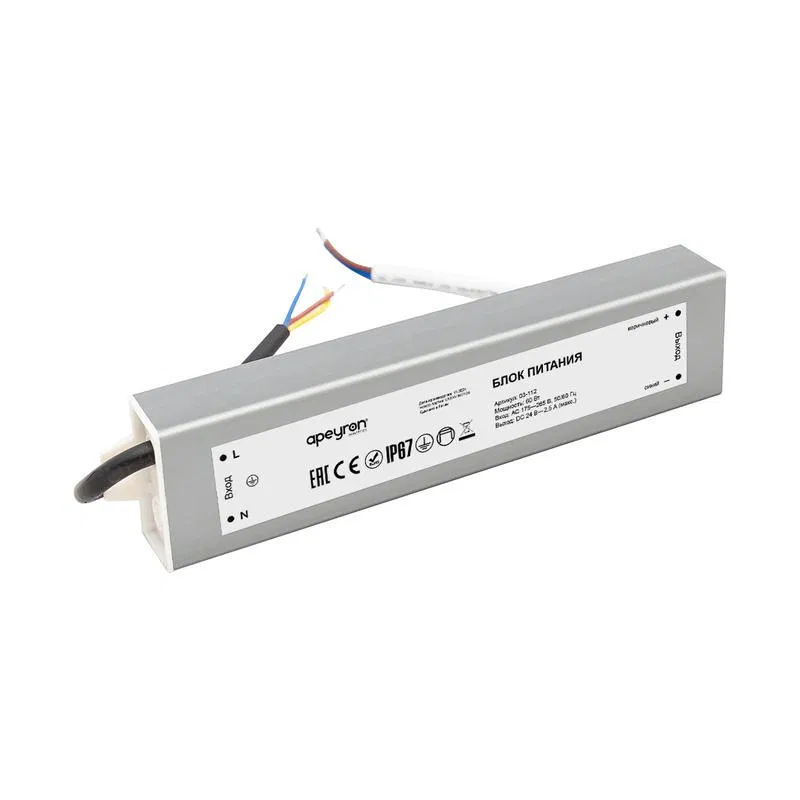 24V 60W 开关电源 IP67 175-265V 2.5A 铝材 银色 185x40x22mm Apeyron 03-112