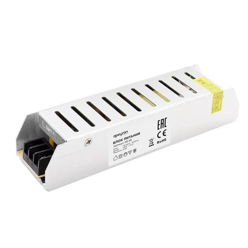 Power supply (slim-metal) 12V 75W IP20 6.5 A 160x40x30mm Apeyron 03-48