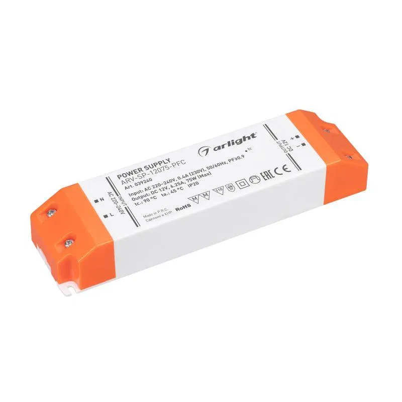 Блок питания ARV-SP-12075-PFC (12В 6.25А 75Вт) (IP20 пластик) Arlight 039240