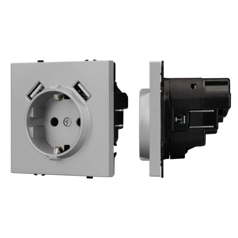 Розетка зк ARL NOBE со шторками с USB тип А+А софт-тач никель SCT-MUAA-SFPL-IS (250В 16А) Arlight 059443(1)