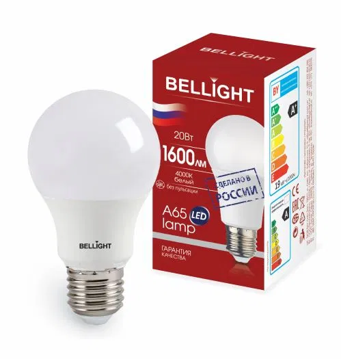 Лампа светодиодная A65 20Вт 4000К нейтр. бел. E27 1600лм 220В BELLIGHT 84791702