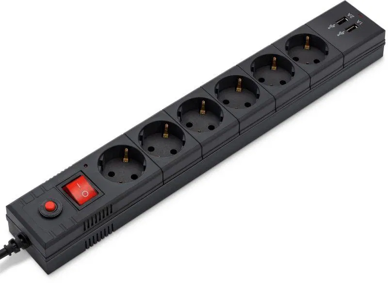 Удлинитель с сетевым фильтром 6х5м с заземл. 10А IP20 BU-SP5_USB_2A-B CCA 3х0.75 черн. BURO 992320
