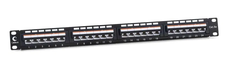 Патч-панель 19дюйм 1U 24 порта RJ45 кат.5E Dual IDC PLAN-24-Cat.5e-Dual IDC угол портов 45град. Cabeus 10190c