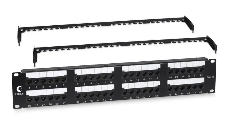 Патч-панель 19дюйм 2U 48 портов RJ45 кат.5E Dual IDC с задн. кабельн. организатором Cabeus 10656c