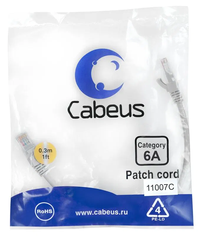Патч-корд S/FTP кат.6A PC-SSTP-RJ45-Cat.6a-0.3m-LSZH 2xRJ45/8p8c экранир. LSZH (10G) 0.3м сер. Cabeus 11007c