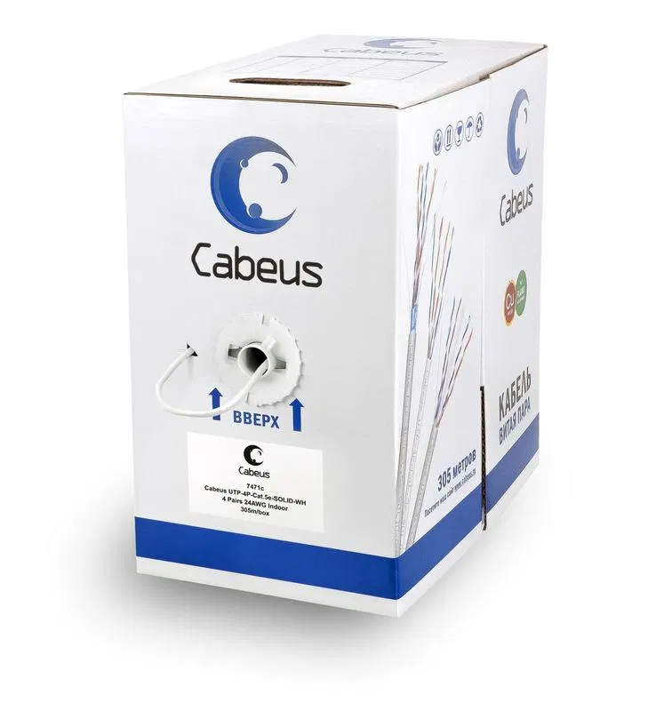 Кабель витая пара UTP (U/UTP) кат.5E 2 пары 24 AWG ОЖ PVC нг(А)-LS сер. (уп.500м) Cabeus 11212c