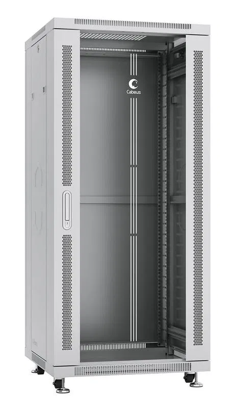 Шкаф монтажный телекоммуникационный напольный SH-05C-27U60/60 19дюйм для распред. и серверн. оборудования 27U 600х600х1388мм передн. стеклян. и задн. сплошн. метал. двери ручка с замком сер. (RAL 7035) Cabeus 7045c