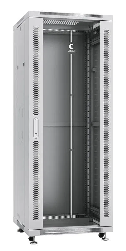 Шкаф монтажный телекоммуникационный напольный SH-05C-32U60/80 19дюйм для распред. и серверн. оборудования 32U 600х800х1610мм передн. стеклян. и задн. сплошн. метал. двери ручка с замком сер. (RAL 7035) Cabeus 7051c