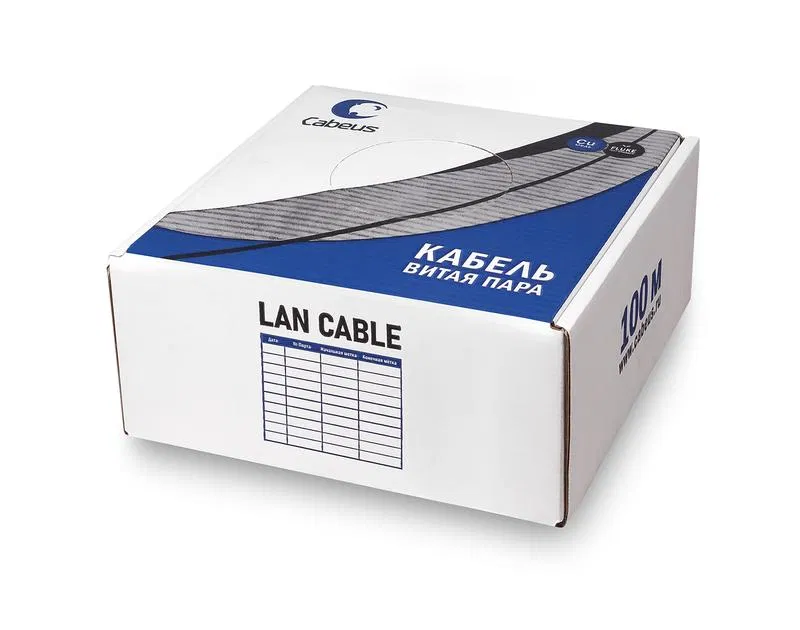 Кабель витая пара UTP (U/UTP) кат.5E 4 пары 24 AWG ОЖ PVC нг(А)-LS черн. (уп.100м) Cabeus 7252c-5