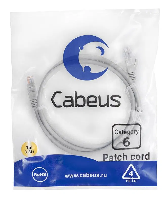 Патч-корд U/UTP кат.6 PC-UTP-RJ45-Cat.6-1m 2xRJ45/8p8c неэкранир. PVC 1м сер. Cabeus 7267c