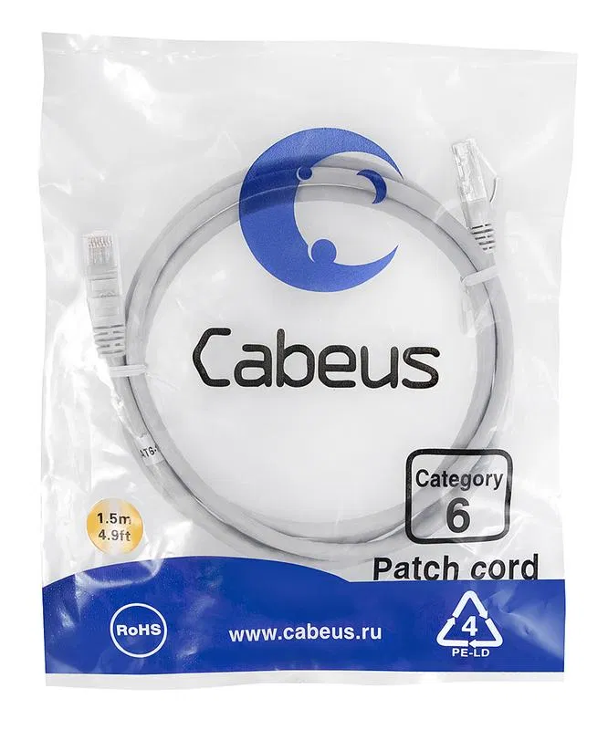 Патч-корд U/UTP кат.6 PC-UTP-RJ45-Cat.6-1.5m 2xRJ45/8p8c неэкранир. PVC 1.5м сер. Cabeus 7273c
