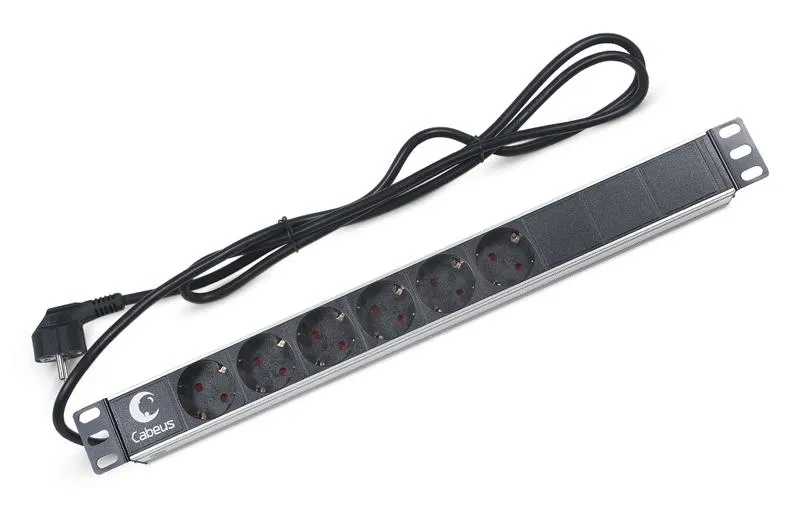 Блок розеток 6-м PDU-6P-2EU 16А горизонт. евро/немецк. стандарт без выкл. шнур 2м для 19дюйм шкафов алюм. Cabeus 7290c