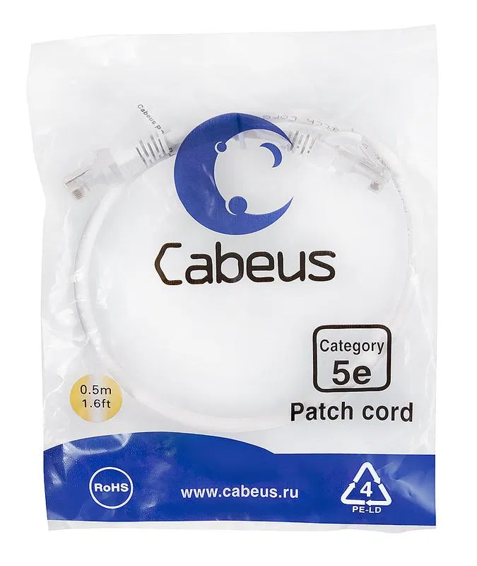 Патч-корд U/UTP кат.5E PC-UTP-RJ45-Cat.5e-0.5m-WH 2xRJ45/8p8c неэкранир. PVC 0.5м бел. Cabeus 7665c