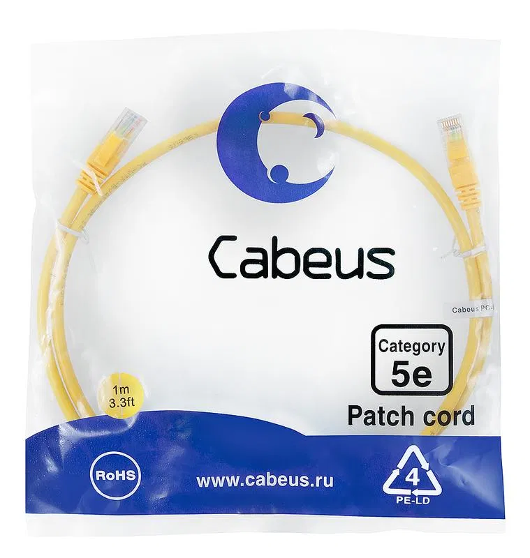 Патч-корд U/UTP кат.5E PC-UTP-RJ45-Cat.5e-1m-YL 2xRJ45/8p8c неэкранир. PVC 1м желт. Cabeus 7673c
