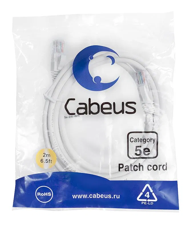 Патч-корд U/UTP кат.5E PC-UTP-RJ45-Cat.5e-2m-WH 2xRJ45/8p8c неэкранир. PVC 2м бел. Cabeus 7677c