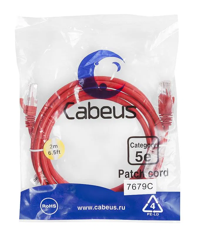 Патч-корд U/UTP кат.5E PC-UTP-RJ45-Cat.5e-2m-RD 2xRJ45/8p8c неэкранир. PVC 2м красн. Cabeus 7679c