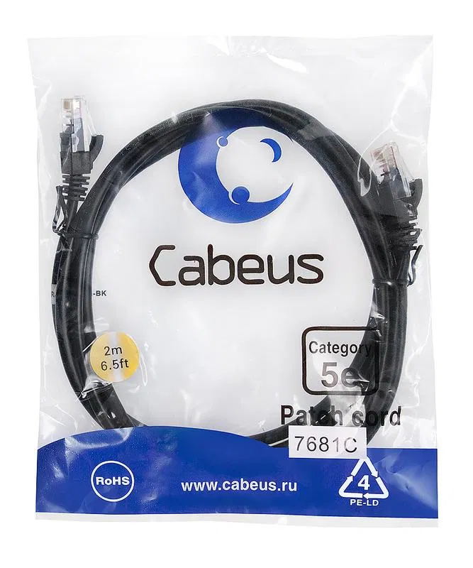 Патч-корд U/UTP кат.5E PC-UTP-RJ45-Cat.5e-2m-BK 2xRJ45/8p8c неэкранир. PVC 2м черн. Cabeus 7681c