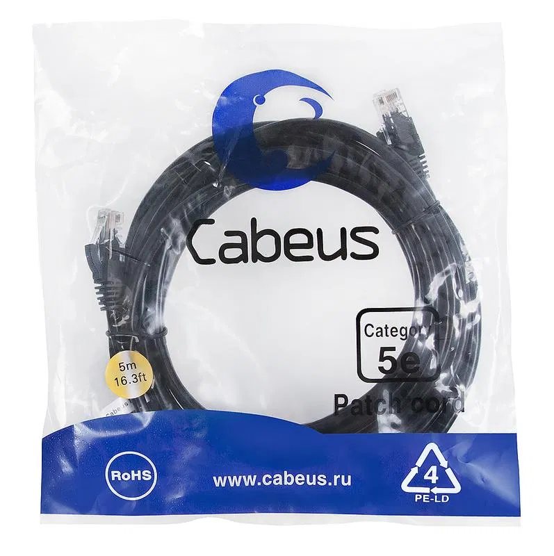 Патч-корд U/UTP кат.5E PC-UTP-RJ45-Cat.5e-5m-BK 2xRJ45/8p8c неэкранир. PVC 5м черн. Cabeus 7691c