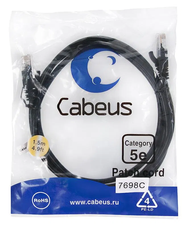 Патч-корд U/UTP кат.5E PC-UTP-RJ45-Cat.5e-1.5m-BK 2xRJ45/8p8c неэкранир. PVC 1.5м черн. Cabeus 7698c