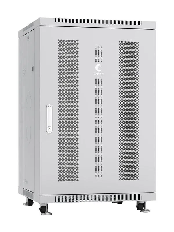Шкаф монтажный телекоммуникационный напольн. ND-05C-18U60/100 19дюйм 18U 600х1000х988мм для распределит. и серверн. оборудования; передн. и задн. перфорир. двери ручка с замком RAL 7035 сер. Cabeus 7883c