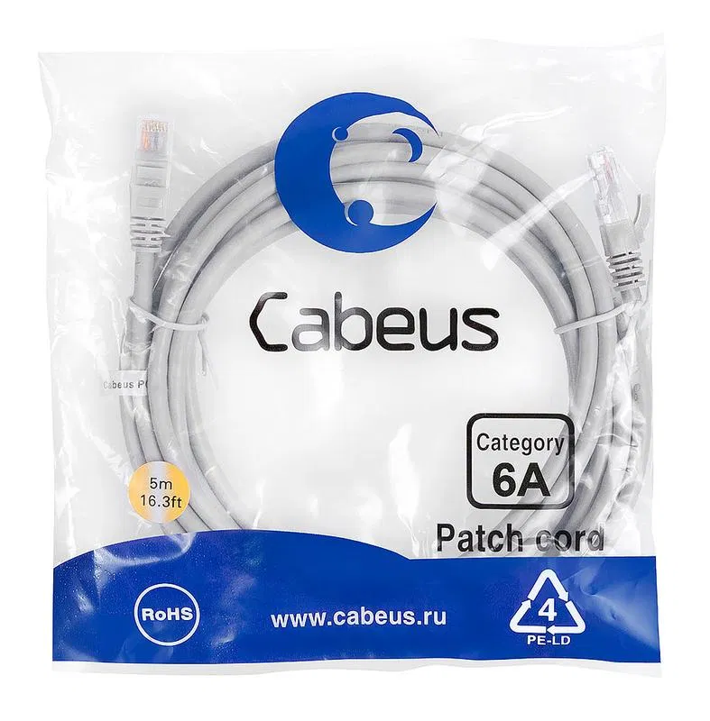 Патч-корд U/UTP кат.6A PC-UTP-RJ45-Cat.6a-5m-LSZH 2xRJ45/8p8c неэкранир. LSZH (10G) 5м сер. Cabeus 7898c