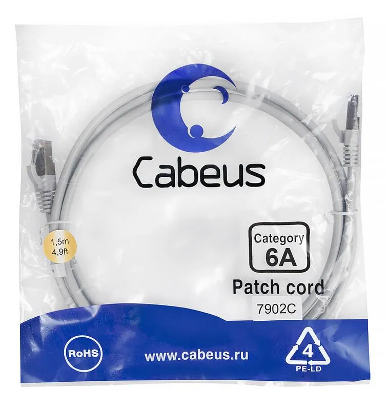 Патч-корд S/FTP кат.6A PC-SSTP-RJ45-Cat.6a-1.5m-LSZH 2xRJ45/8p8c экранир. LSZH (10G) 1.5м сер. Cabeus 7902c