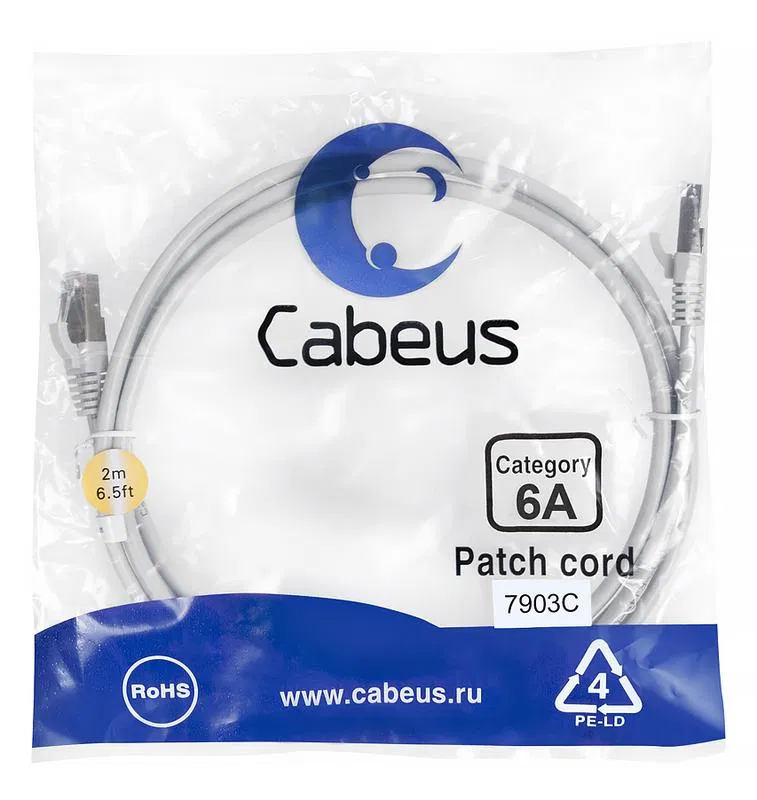 Патч-корд S/FTP кат.6A PC-SSTP-RJ45-Cat.6a-2m-LSZH 2xRJ45/8p8c экранир. LSZH (10G) 2м сер. Cabeus 7903c