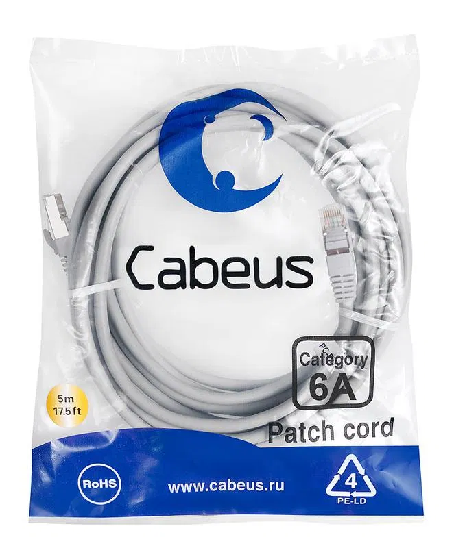 Патч-корд S/FTP кат.6A PC-SSTP-RJ45-Cat.6a-5m-LSZH 2xRJ45/8p8c экранир. LSZH (10G) 5м сер. Cabeus 7905c