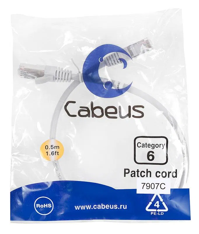 Патч-корд F/UTP кат.6 PC-FTP-RJ45-Cat.6-0.5m-LSZH 2xRJ45/8p8c экранир. LSZH 0.5м сер. Cabeus 7907c