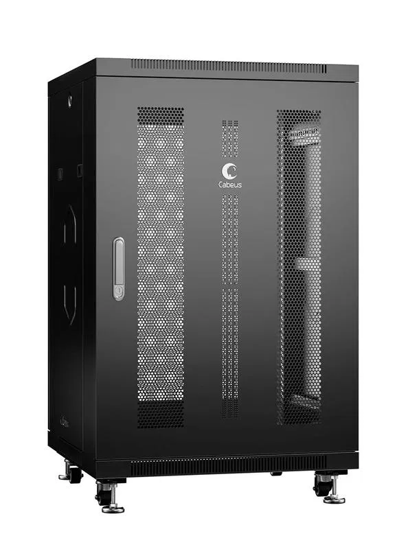 Шкаф монтажный телекоммуникационный напольн. ND-05C-18U60/100-BK 19дюйм 18U 600х1000х988мм для распределит. и серверн. оборудования; передн. и задн. перфорир. двери ручка с замком RAL 9004 черн. Cabeus 8531c