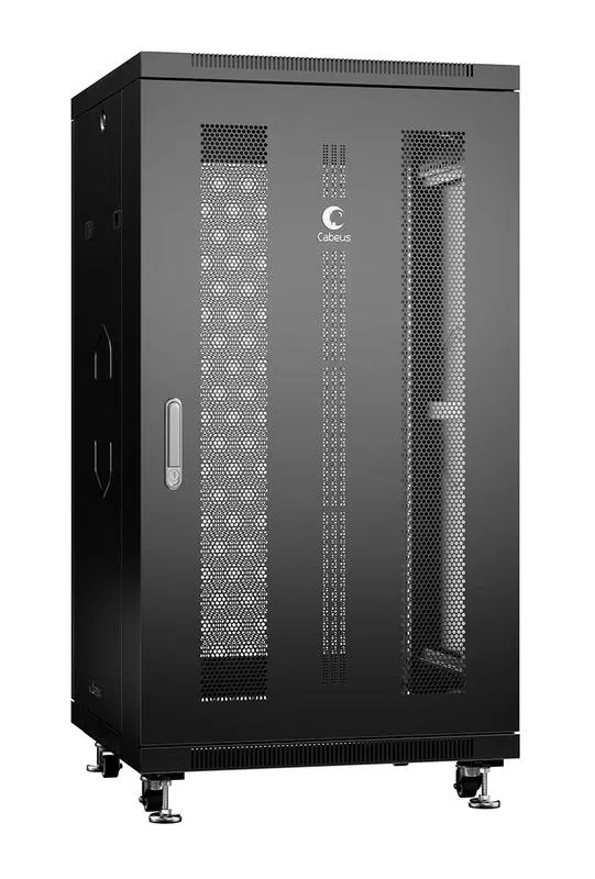 Шкаф монтажный телекоммуникационный напольн. ND-05C-22U60/60-BK 19дюйм 22U 600х600х1166мм для распределит. и серверн. оборудования; передн. и задн. перфорир. двери ручка с замком RAL 9004 черн. Cabeus 8549c