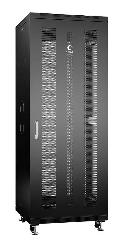 Шкаф монтажный телекоммуникационный напольн. ND-05C-32U60/60-BK 19дюйм 32U 600х600х1610мм для распределит. и серверн. оборудования; передн. и задн. перфорир. двери ручка с замком RAL 9004 черн. Cabeus 8551c