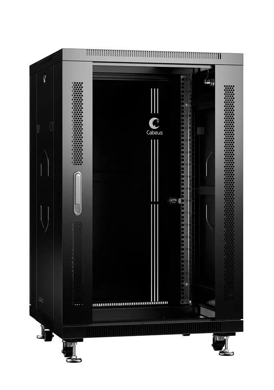 Шкаф монтажный телекоммуникационный напольный SH-05C-18U60/60-BK 19дюйм для распред. и серверн. оборудования 18U 600х600х988мм передн. стеклян. и задн. сплошн. метал. двери ручка с замком черн. (RAL 9004) Cabeus 8555c