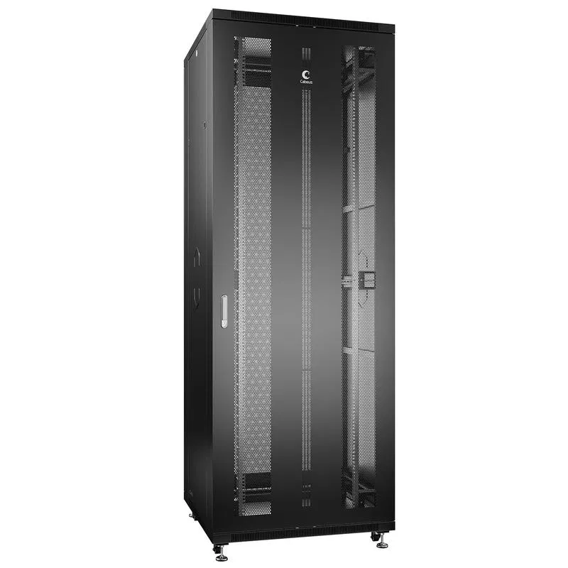 Шкаф монтажный телекоммуникационный напольн. ND-05C-47U80/80-BK 19дюйм 47U 800х800х2277мм для распределит. и серверн. оборудования; передн. и задн. перфорир. двери ручка с замком RAL 9004 черн. Cabeus 8569c