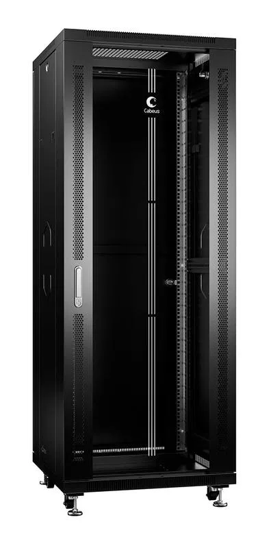 Шкаф монтажный телекоммуникационный напольный SH-05C-32U60/80-BK 19дюйм 32U 600х800х1610мм для распределит. и серверн. оборудования передн. стеклян. и задн. сплошн. метал. двери ручка с замком черн. Cabeus 8574c