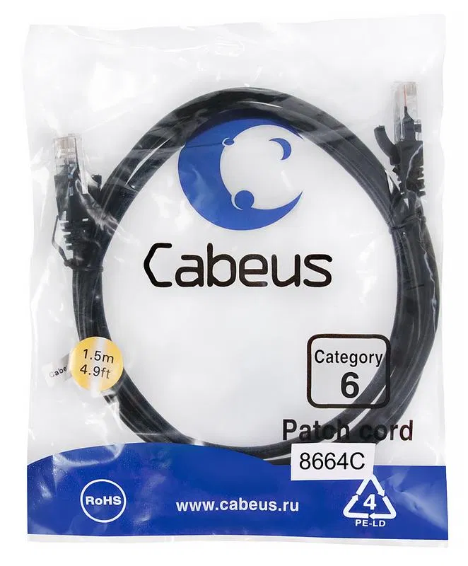 Патч-корд U/UTP кат.6 PC-UTP-RJ45-Cat.6-1.5m-BK 2xRJ45/8p8c неэкранир. PVC 1.5м черн. Cabeus 8664c