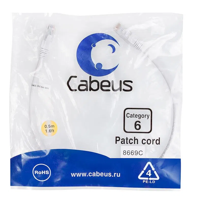 Патч-корд кат.6 U/UTP неэкранир. 2хRJ45/8p8c PVC PC-UTP-RJ45-Cat.6-0.5m-WH 0.5м бел. Cabeus 8669c