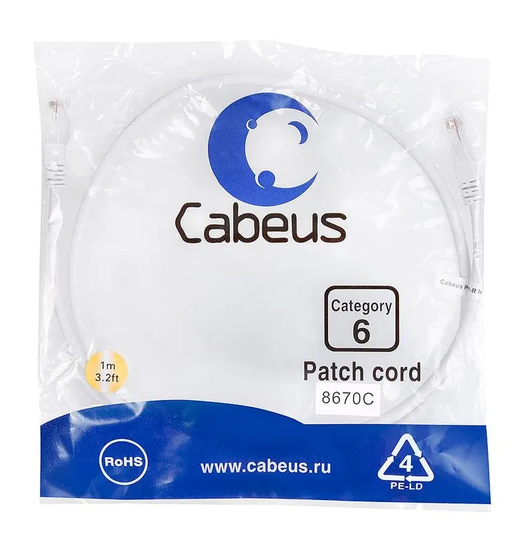 Патч-корд U/UTP кат.6 PC-UTP-RJ45-Cat.6-1m-WH 2xRJ45/8p8c неэкранир. PVC 1м бел. Cabeus 8670c