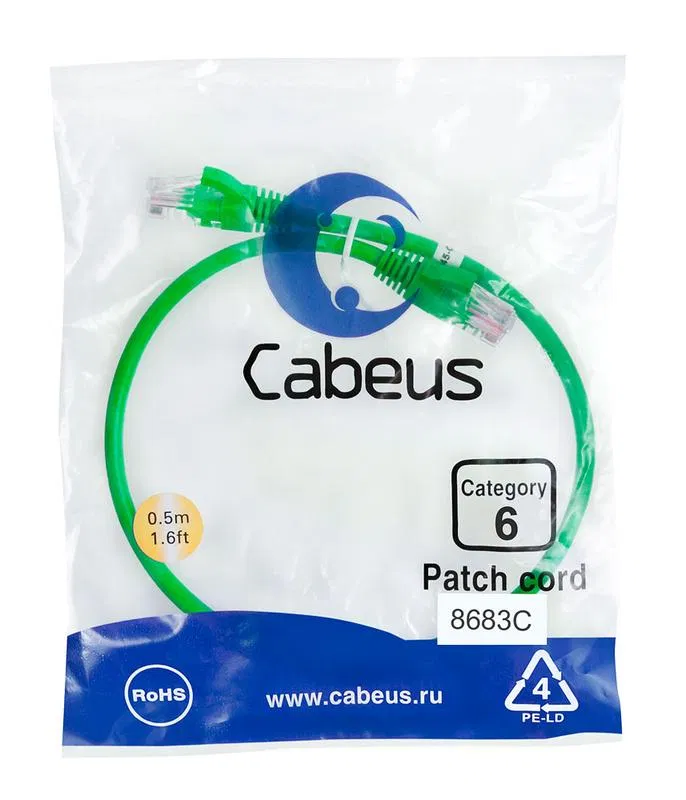 Патч-корд U/UTP кат.6 PC-UTP-RJ45-Cat.6-0.5m-GN 2xRJ45/8p8c неэкранир. PVC 0.5м зел. Cabeus 8683c