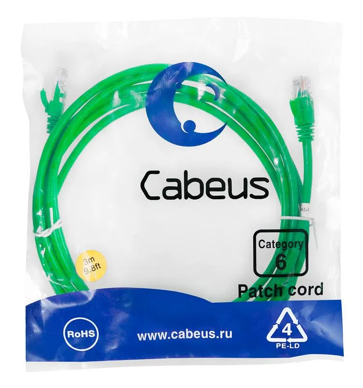 Патч-корд U/UTP кат.6 PC-UTP-RJ45-Cat.6-3m-GN 2xRJ45/8p8c неэкранир. PVC 3м зел. Cabeus 8687c
