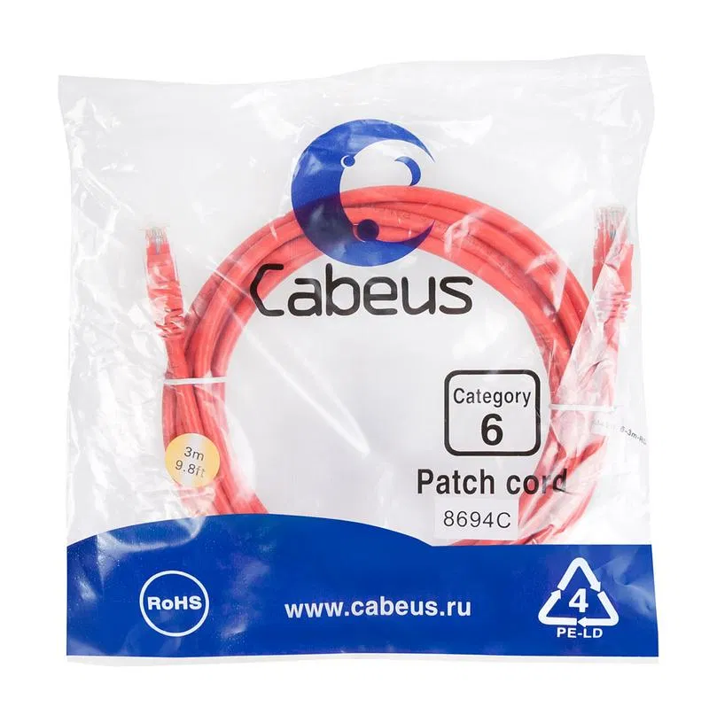 Патч-корд U/UTP кат.6 PC-UTP-RJ45-Cat.6-3m-RD 2xRJ45/8p8c неэкранир. PVC 3м красн. Cabeus 8694c