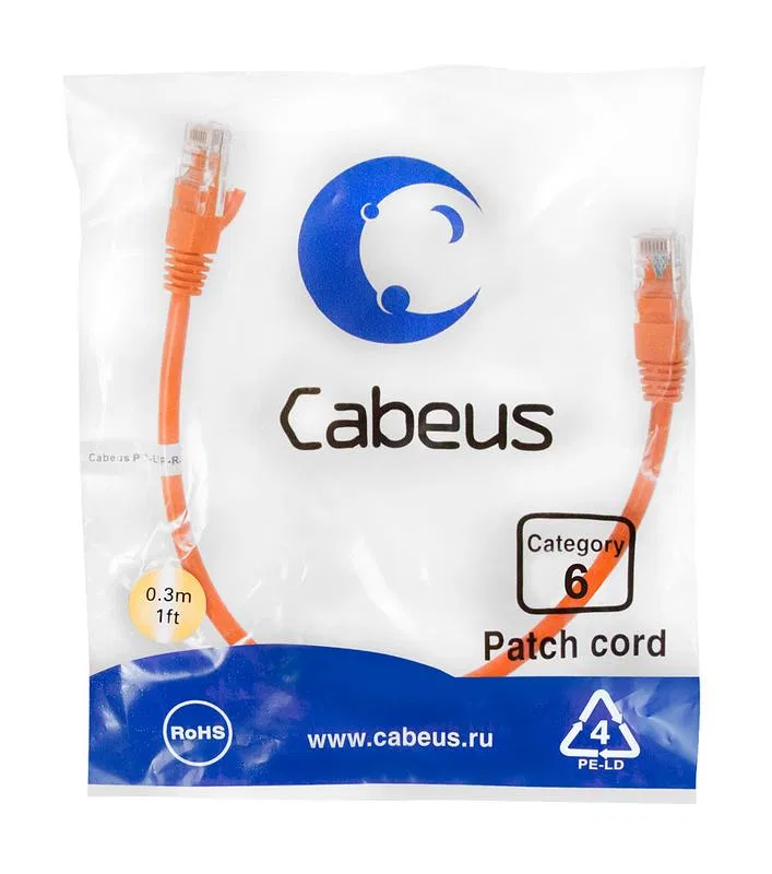 Патч-корд U/UTP кат.6 PC-UTP-RJ45-Cat.6-0.3m-OR 2xRJ45/8p8c неэкранир. PVC 0.3м оранж. Cabeus 8696c