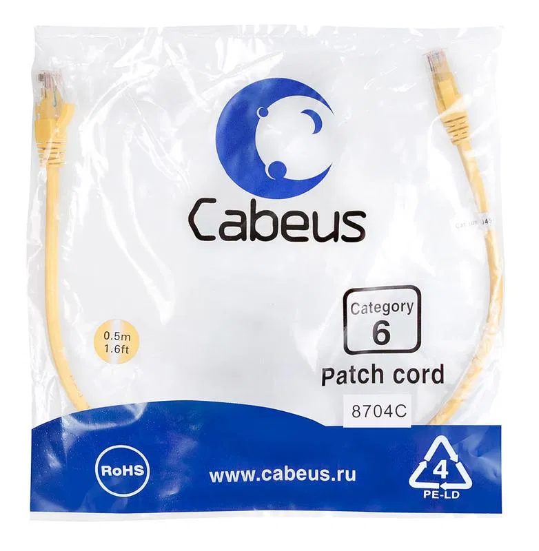Патч-корд U/UTP кат.6 PC-UTP-RJ45-Cat.6-0.5m-YL 2xRJ45/8p8c неэкранир. PVC 0.5м желт. Cabeus 8704c