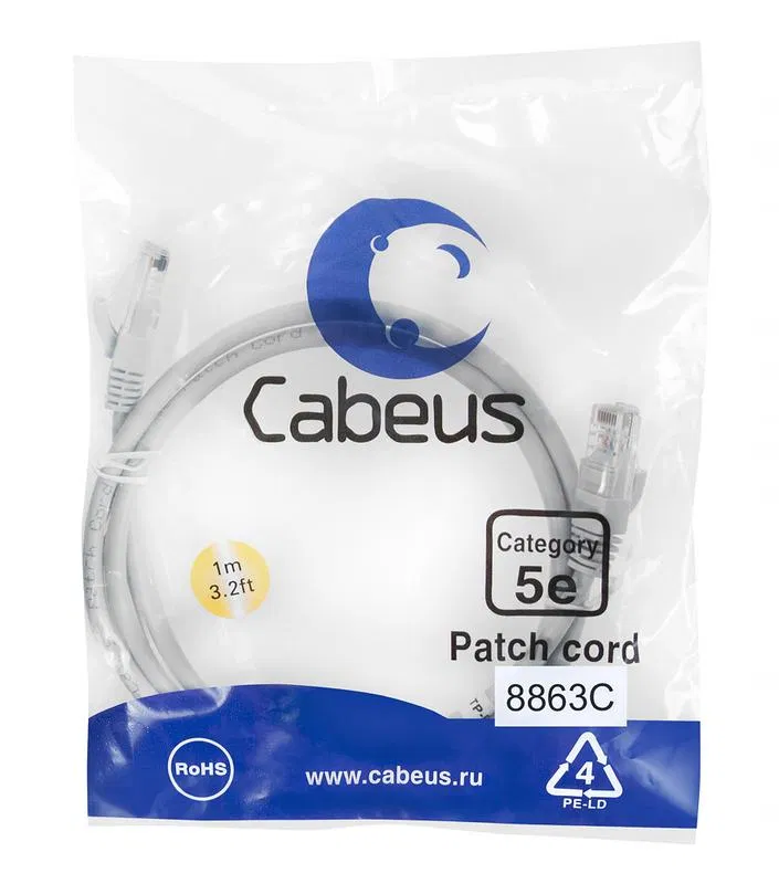 Патч-корд U/UTP кат.5E PC-UTP-RJ45-Cat.5e-1m-LSZH 2хRJ45/8p8c неэкранир. LSZH 1м сер. Cabeus 8863c