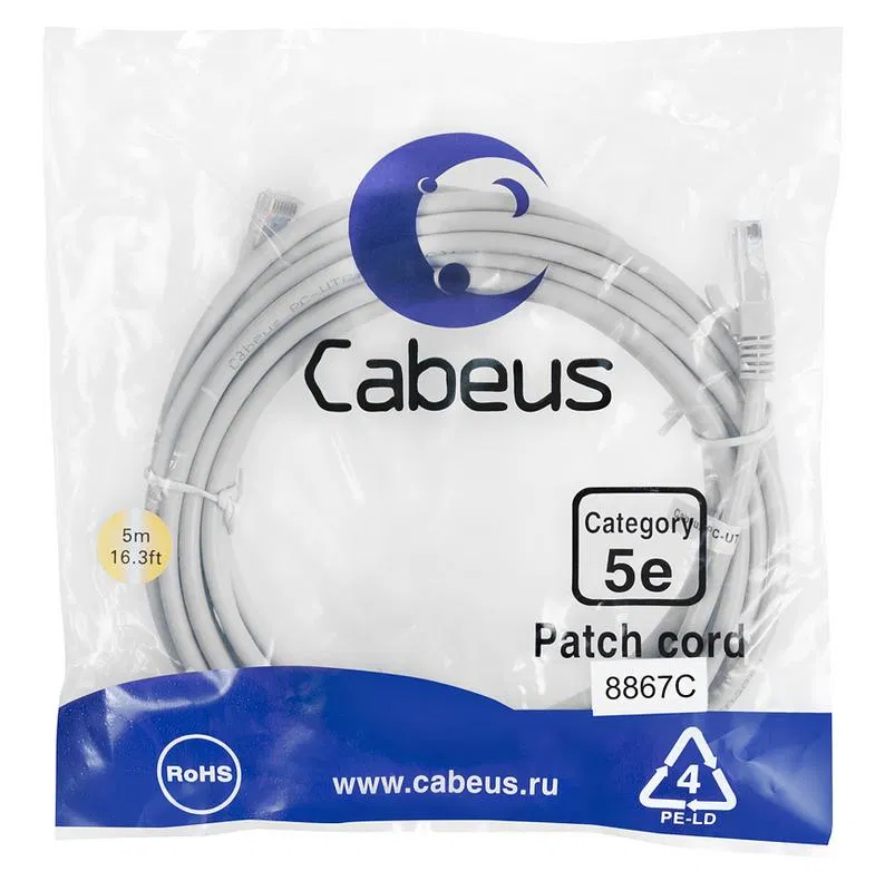 Патч-корд U/UTP кат.5E PC-UTP-RJ45-Cat.5e-5m-LSZH 2хRJ45/8p8c неэкранир. LSZH 5м сер. Cabeus 8867c