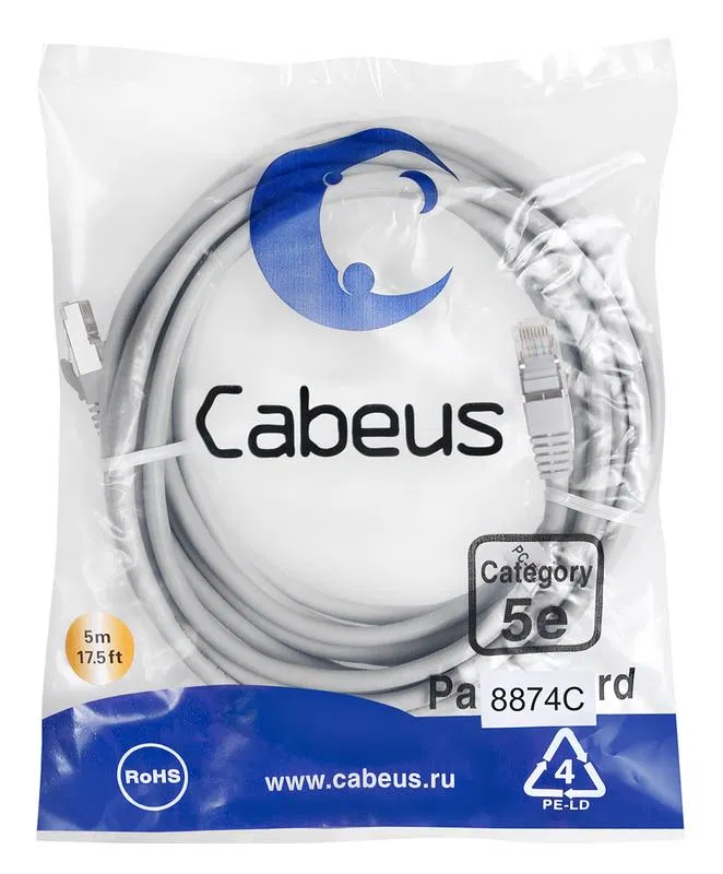Патч-корд F/UTP кат.5E PC-FTP-RJ45-Cat.5e-5m-LSZH 2xRJ45/8p8c экранир. LSZH 5м сер. Cabeus 8874c