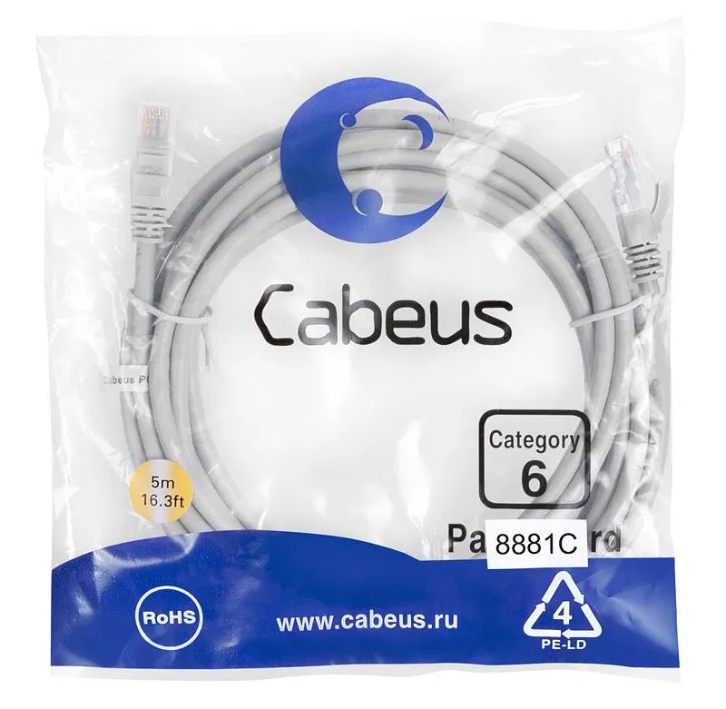 Патч-корд U/UTP кат.6 PC-UTP-RJ45-Cat.6-5m-LSZH 2xRJ45/8p8c неэкранир. LSZH 5м сер. Cabeus 8881c
