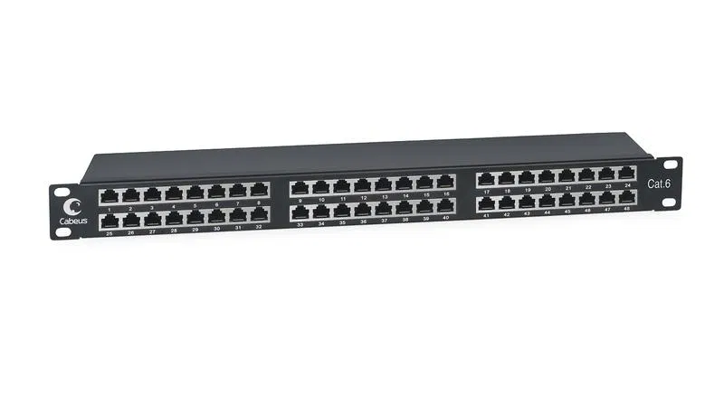 Патч-панель 19дюйм 1U 48 портов RJ45 кат.6 полностью экранир. Dual IDC высокой плотности Cabeus 8891c